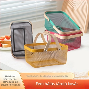 Téglalap alakú kovácsoltvas tárolókosár fa fogantyúval – modern minimalist stílusú gyümölcs- és zöldségtároló