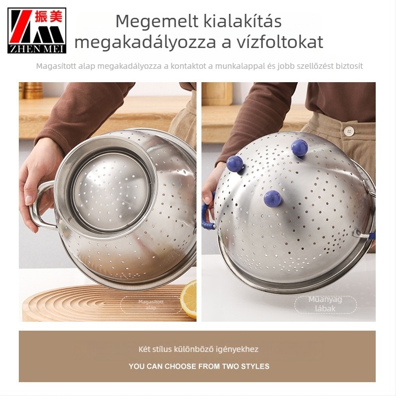 Zhenmei KOP nem mágneses élelmiszer-minőségű vastított rozsdamentes acél gyümölcskosár, dupla füllel leeresztő kosár, otthoni használatra