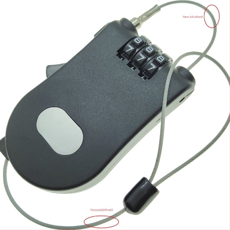 Szekrényzár behúzható acélszálas zsinórral és jelszavas védelemmel, Modell 507, műanyag kivitel, záróoszlopok közti távolság 500, mechanikus