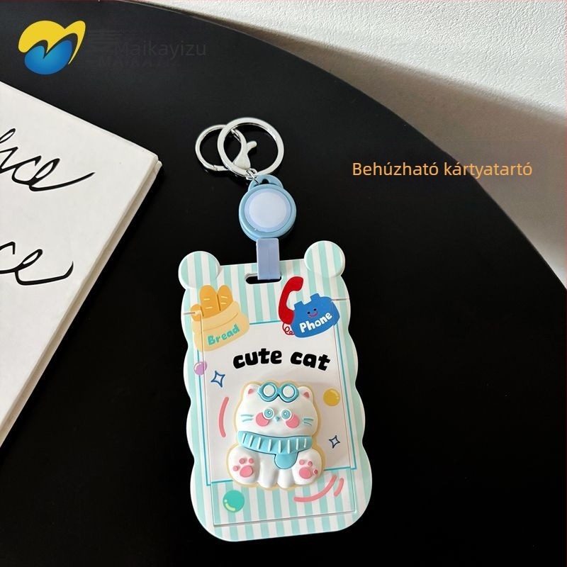 Kártyatartó édes macska dizájnnal diákok számára, ABS anyagból, nyakpánttal és visszahúzható csattal