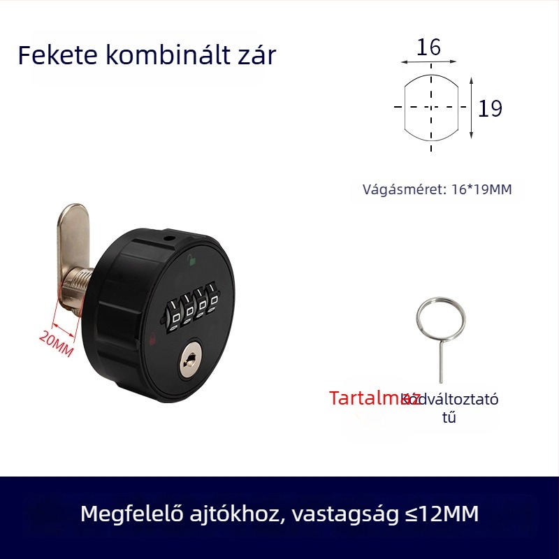 Mechanikus szekrényzár számkombinációval, ABS+ cink ötvözet, univerzális fa- és acél szekrényekhez, modell 660329