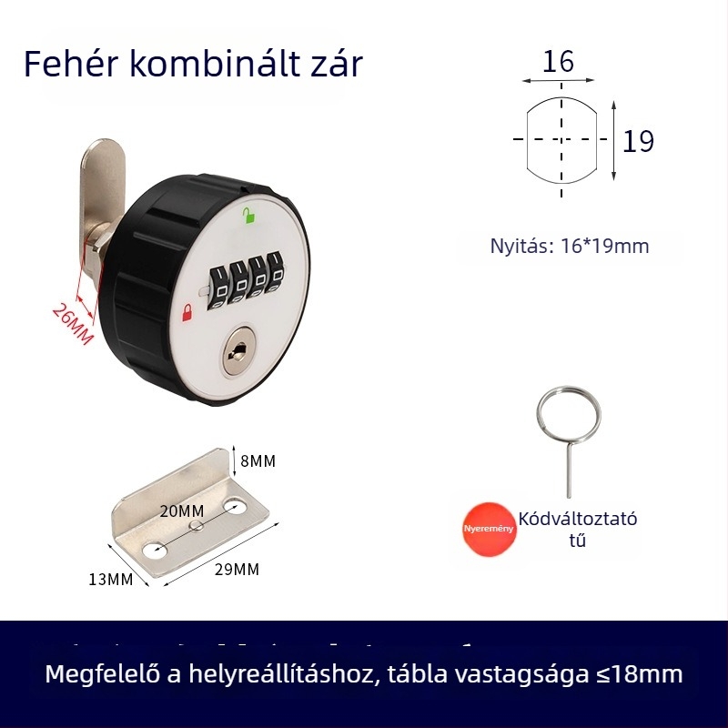 Mechanikus szekrényzár számkombinációval, ABS+ cink ötvözet, univerzális fa- és acél szekrényekhez, modell 660329