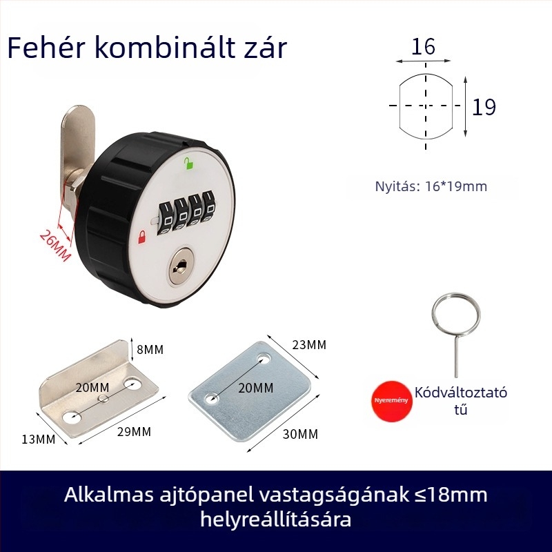 Mechanikus szekrényzár számkombinációval, ABS+ cink ötvözet, univerzális fa- és acél szekrényekhez, modell 660329