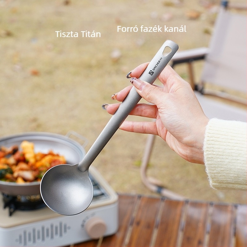 Tiszta titániumból készült főzőkanál hosszú nyéllel — csúszásmentes, hőálló, égési védelem