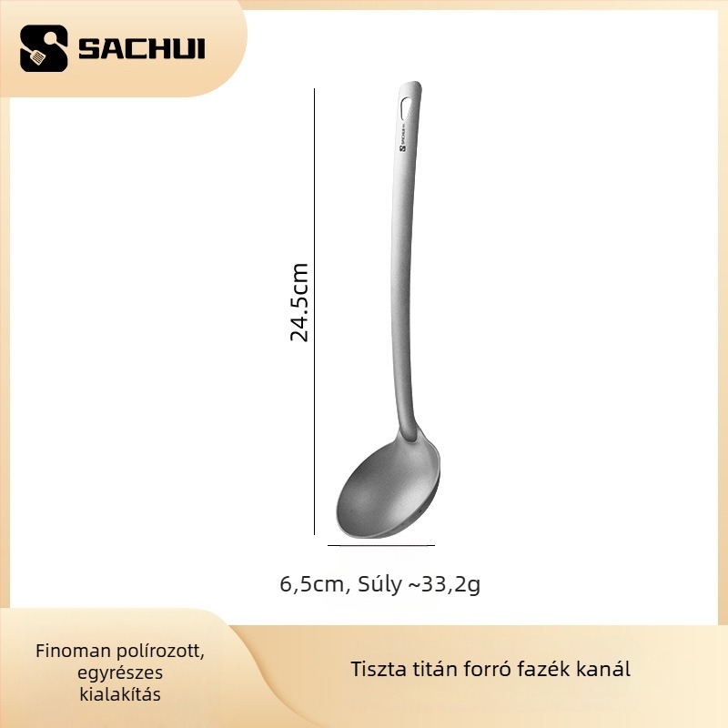 Tiszta titániumból készült főzőkanál hosszú nyéllel — csúszásmentes, hőálló, égési védelem