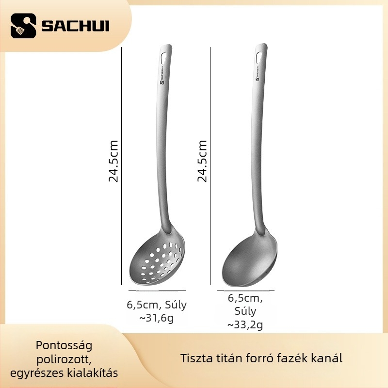 Tiszta titániumból készült főzőkanál hosszú nyéllel — csúszásmentes, hőálló, égési védelem