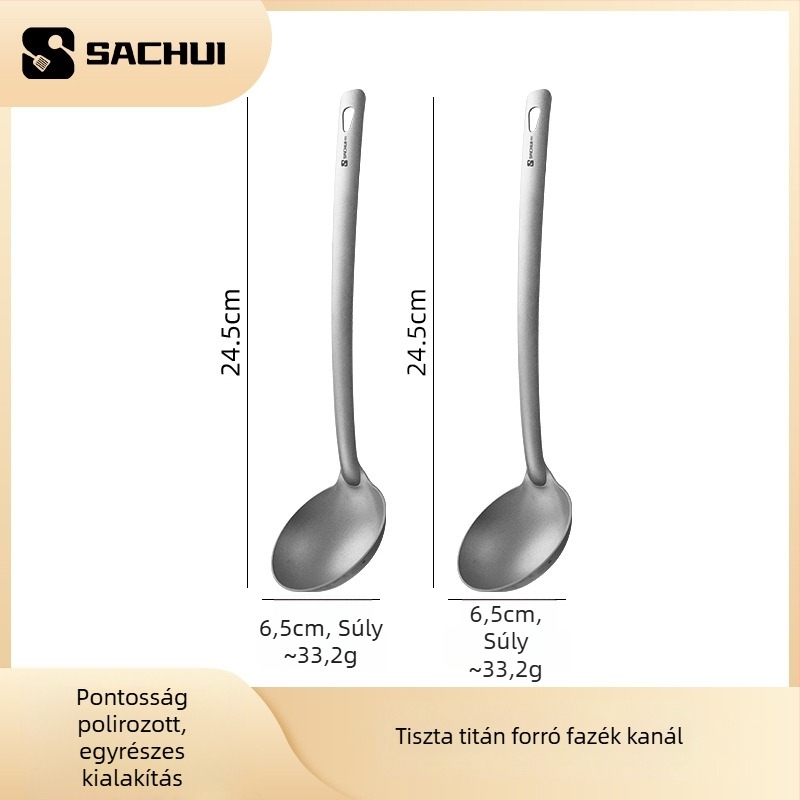 Tiszta titániumból készült főzőkanál hosszú nyéllel — csúszásmentes, hőálló, égési védelem