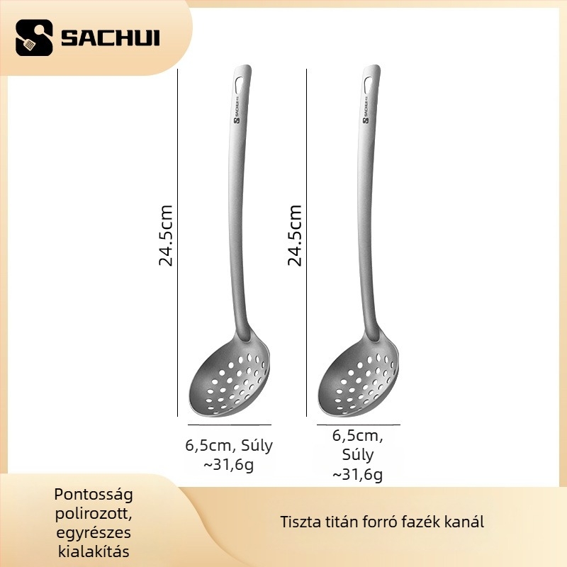 Tiszta titániumból készült főzőkanál hosszú nyéllel — csúszásmentes, hőálló, égési védelem