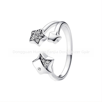Rézötvözet gyűrű elektroplatírozott, gyémántos díszítés hópehely és ötágú csillag motívummal, Pangadora Accessories, könnyű luxus stílus