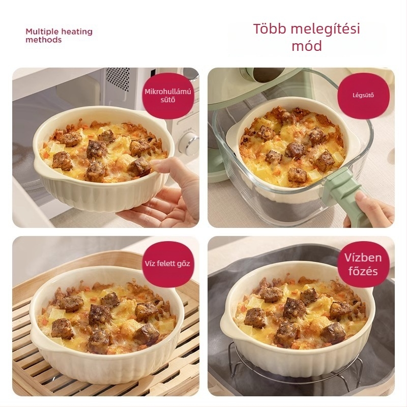 Kerámiás mikróba is alkalmas dupla fogantyúval tál, sütő és légsütő használatra, kerek forma, mázolt felület, új kínai stílus.