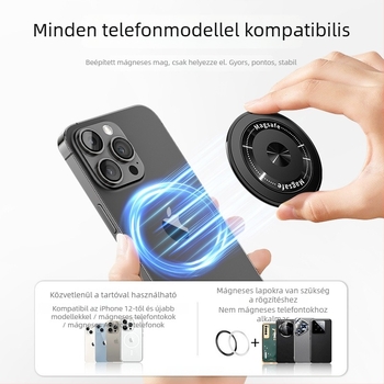 Hajtogatható telefonállvány mágneses tartóval és hátlap ragasztóval, Apple/Huawei/Xiaomi kompatibilis; anyag: fém + műanyag; vezeték nélküli töltés; univerzális hordozható gyűrű