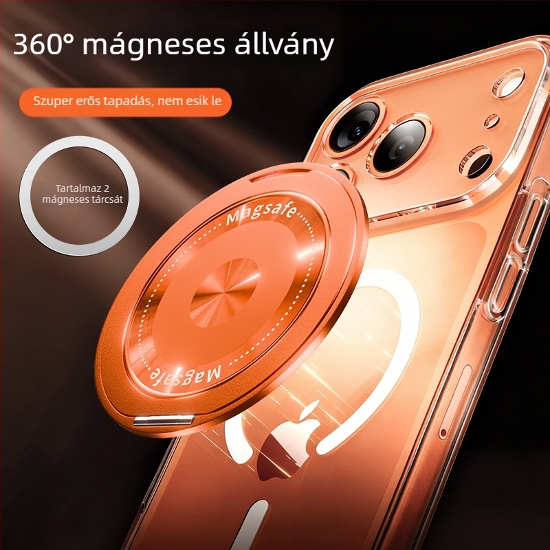 Hajtogatható telefonállvány mágneses tartóval és hátlap ragasztóval, Apple/Huawei/Xiaomi kompatibilis; anyag: fém + műanyag; vezeték nélküli töltés; univerzális hordozható gyűrű