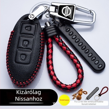 Nissan bőrkulcstartó tok csattal — kompatibilis a Sylphy, Teana, Qashqai és X-Trail modellekkel