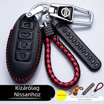 Nissan bőrkulcstartó tok csattal — kompatibilis a Sylphy, Teana, Qashqai és X-Trail modellekkel
