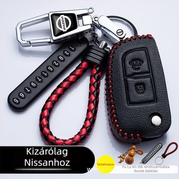 Nissan bőrkulcstartó tok csattal — kompatibilis a Sylphy, Teana, Qashqai és X-Trail modellekkel
