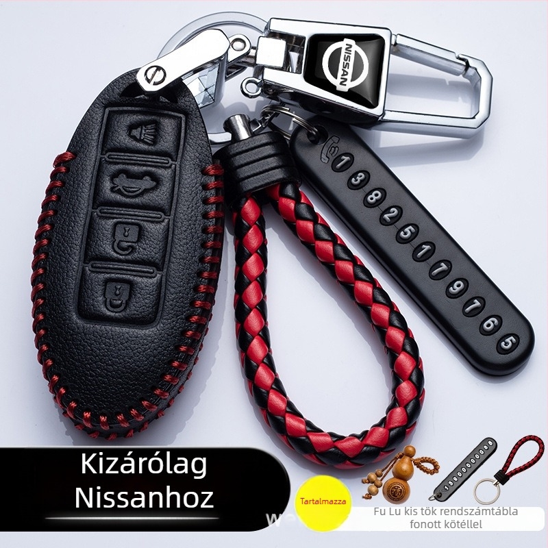 Nissan bőrkulcstartó tok csattal — kompatibilis a Sylphy, Teana, Qashqai és X-Trail modellekkel