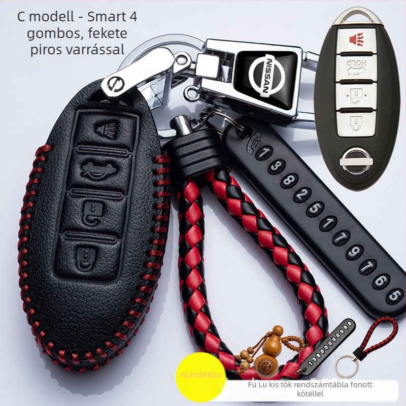 Nissan bőrkulcstartó tok csattal — kompatibilis a Sylphy, Teana, Qashqai és X-Trail modellekkel