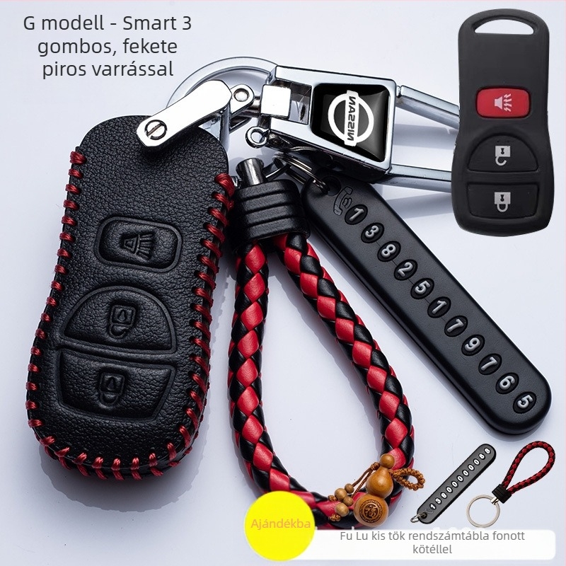 Nissan bőrkulcstartó tok csattal — kompatibilis a Sylphy, Teana, Qashqai és X-Trail modellekkel