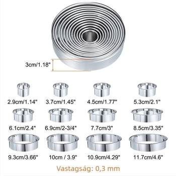 Rozsdamentes acélból készült kör alakú tortaforma mousse gyűrűvel és görbült éllel, 12 darabos készlet