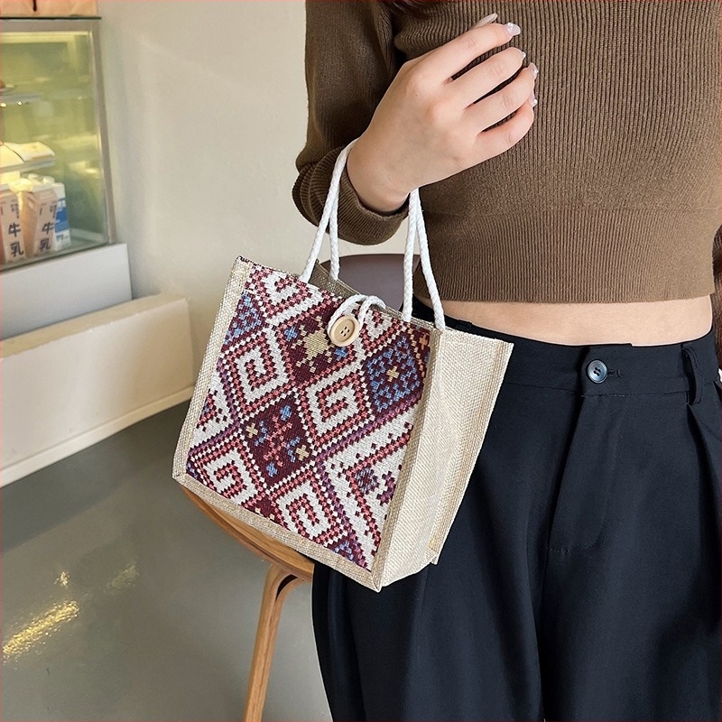 Etno-stílusú vászon táska nőknek, kosár alakú táska, cipzáros nyitás, puha, függőleges négyzet alakú, ősz 2023
