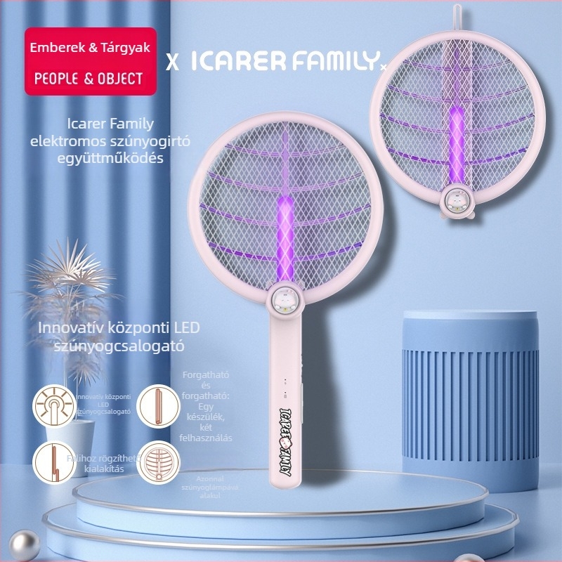 2-az-1-ben összecsukható elektromos szúnyogirtó USB-töltéssel és falra szerelhető állvánnyal, LED világítás, 0-180° forgás, beépített 1001-1600 mAh akkumulátor