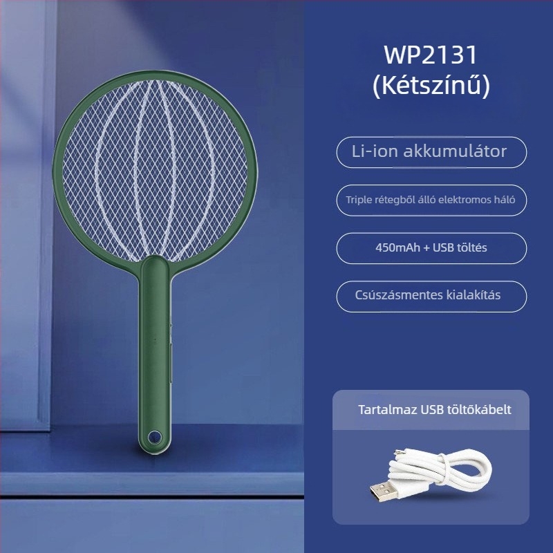 2-az-1-ben összecsukható elektromos szúnyogirtó USB-töltéssel és falra szerelhető állvánnyal, LED világítás, 0-180° forgás, beépített 1001-1600 mAh akkumulátor