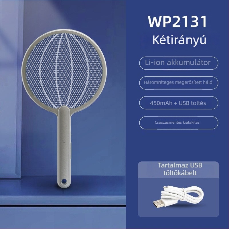 2-az-1-ben összecsukható elektromos szúnyogirtó USB-töltéssel és falra szerelhető állvánnyal, LED világítás, 0-180° forgás, beépített 1001-1600 mAh akkumulátor