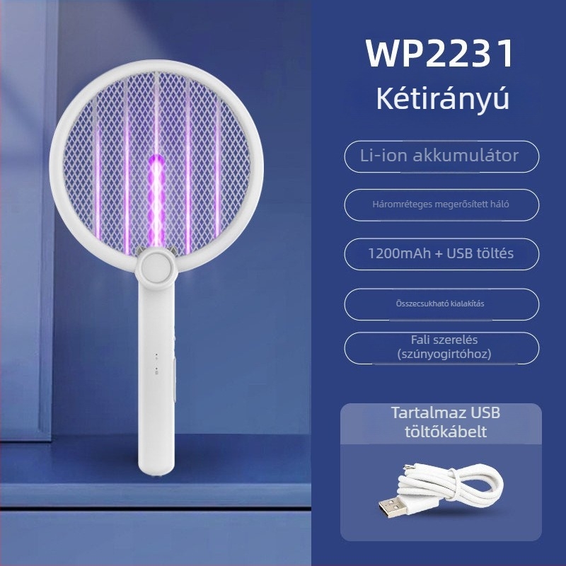 2-az-1-ben összecsukható elektromos szúnyogirtó USB-töltéssel és falra szerelhető állvánnyal, LED világítás, 0-180° forgás, beépített 1001-1600 mAh akkumulátor