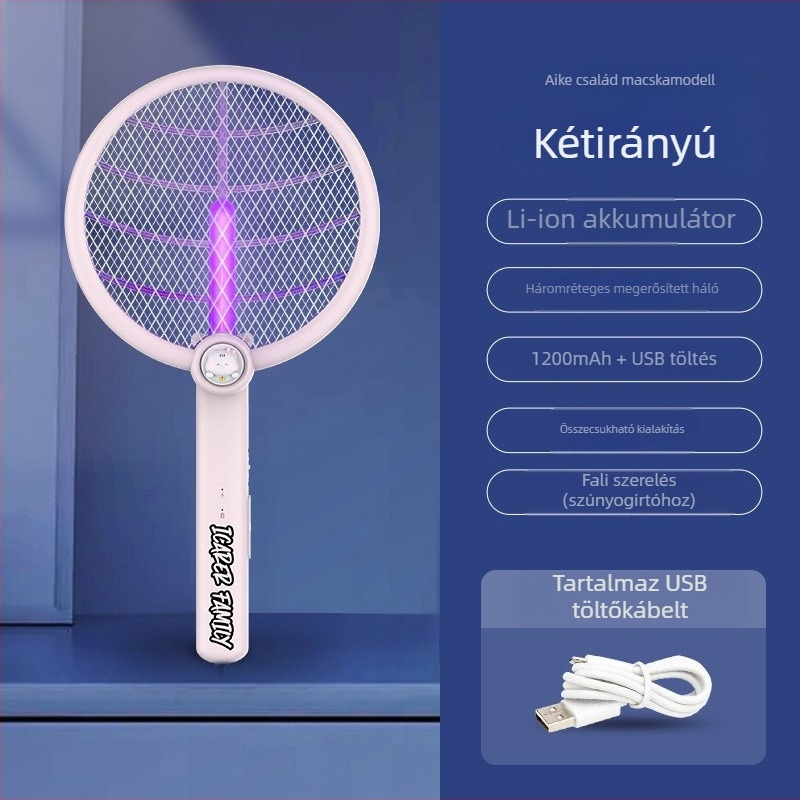 2-az-1-ben összecsukható elektromos szúnyogirtó USB-töltéssel és falra szerelhető állvánnyal, LED világítás, 0-180° forgás, beépített 1001-1600 mAh akkumulátor