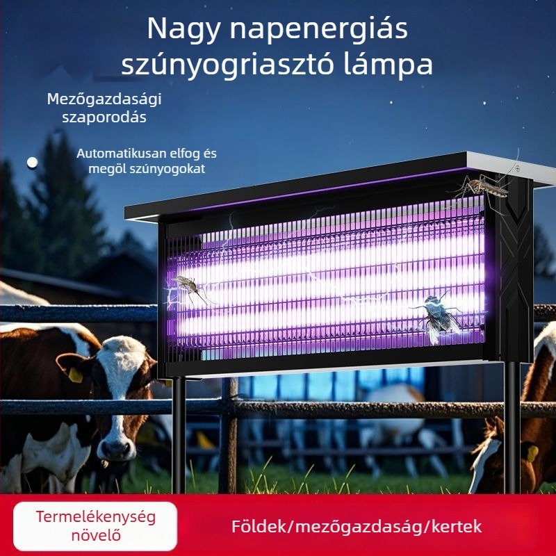 Kültéri napelemes szúnyogirtó lámpa - vízálló, újratölthető, UV-lila fény csapda, 200 m²+ lefedettség