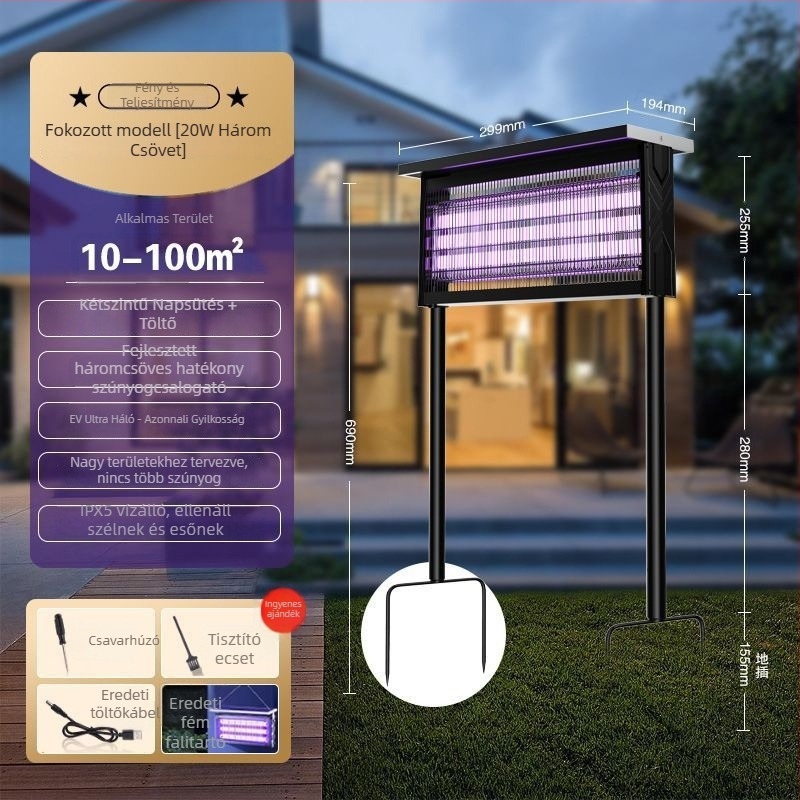 Kültéri napelemes szúnyogirtó lámpa - vízálló, újratölthető, UV-lila fény csapda, 200 m²+ lefedettség