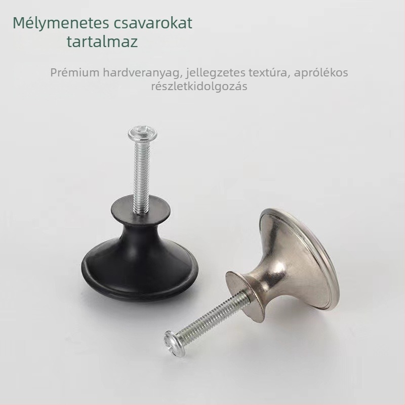 Rozsdamentes acél gombfejű fogantyú, fekete, kerek, szekrény- és fiótajtókhoz, nyílt vagy rejtett felszereléssel.
