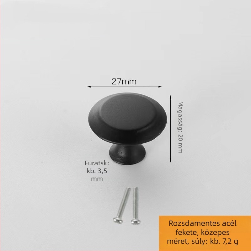 Rozsdamentes acél gombfejű fogantyú, fekete, kerek, szekrény- és fiótajtókhoz, nyílt vagy rejtett felszereléssel.