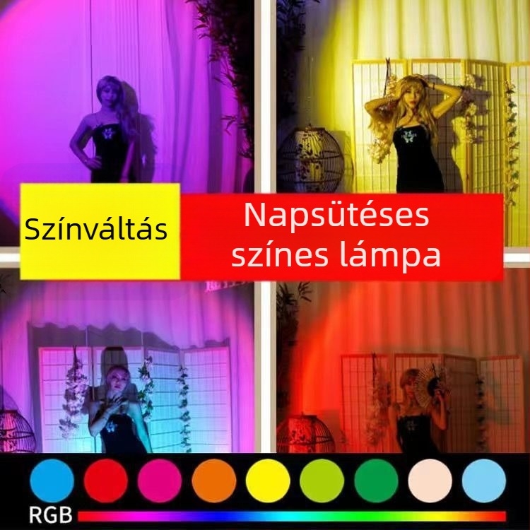 Távirányítós naplemente lámpa, 16 szín, hordozható atmoszférikus vetítés, állítható magasság — LED fényforrás, ≤5W, ≤36V, PVC kivitel