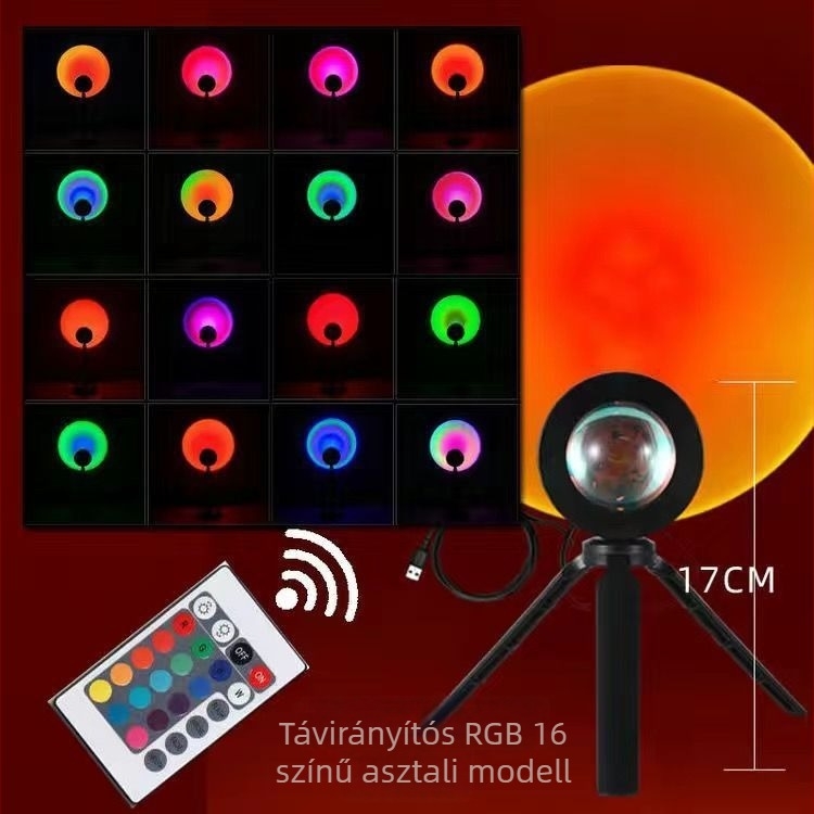 Távirányítós naplemente lámpa, 16 szín, hordozható atmoszférikus vetítés, állítható magasság — LED fényforrás, ≤5W, ≤36V, PVC kivitel