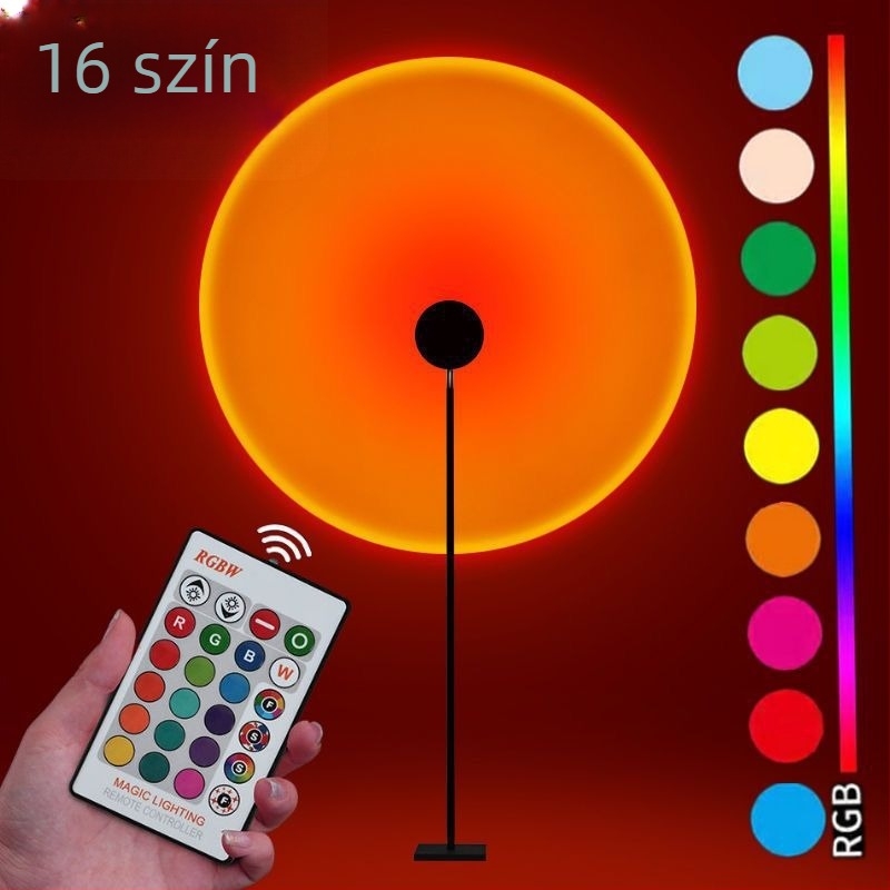 Távirányítós naplemente lámpa, 16 szín, hordozható atmoszférikus vetítés, állítható magasság — LED fényforrás, ≤5W, ≤36V, PVC kivitel