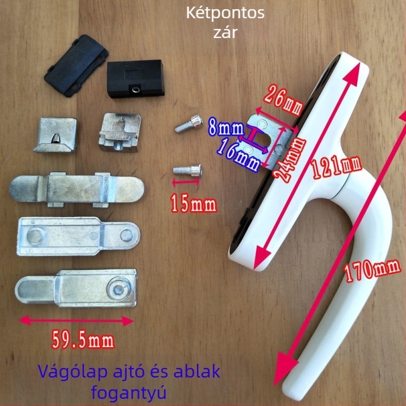 Alumíniumötvözet ablakfogantyú belsőnyitású és billenő ablakokhoz, sík profil, kétpontos zár, 5055