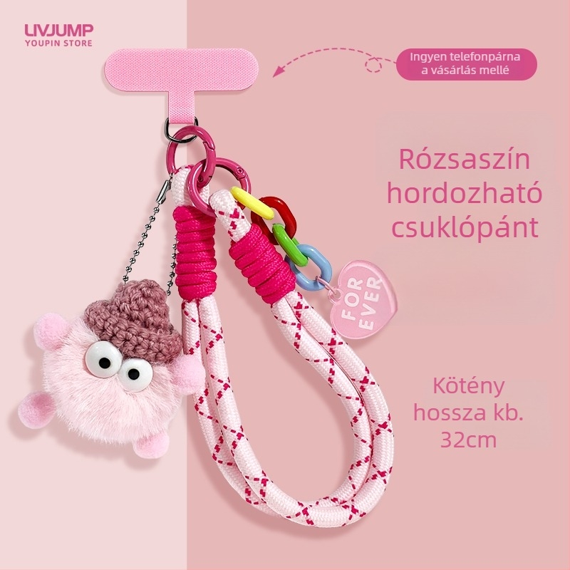 Telefonnyaklánc nylon szövésű, plüss geometriai függővel, uniszex, fém csat