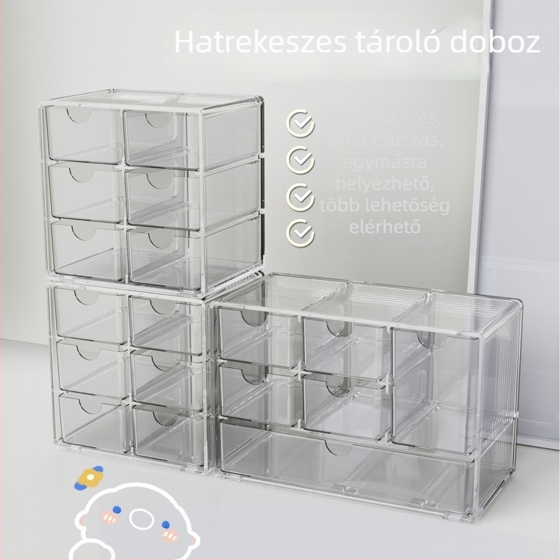 Ékszer- és kontaktlencse-tároló doboz, átlátszó felület, fiókos kivitel, PS anyag, modern letisztult stílus, 2023-as megjelenés