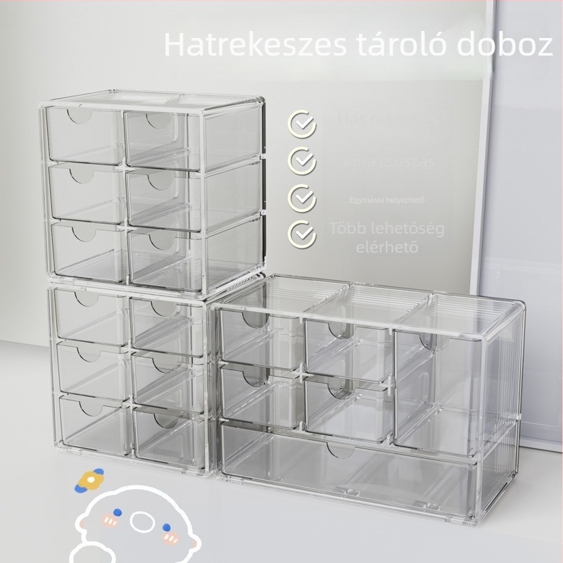 Ékszer- és kontaktlencse-tároló doboz, átlátszó felület, fiókos kivitel, PS anyag, modern letisztult stílus, 2023-as megjelenés