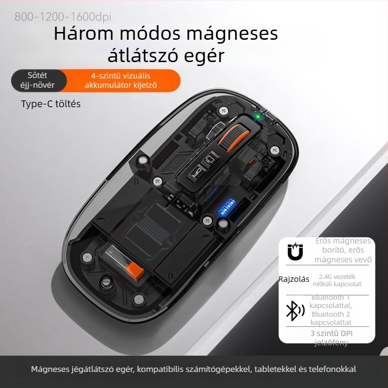 Vezeték nélküli egér, 2.4G + Bluetooth, 1600dpi, 5 gomb, 10m hatótávolság, 76 g, laptop-kompatibilis