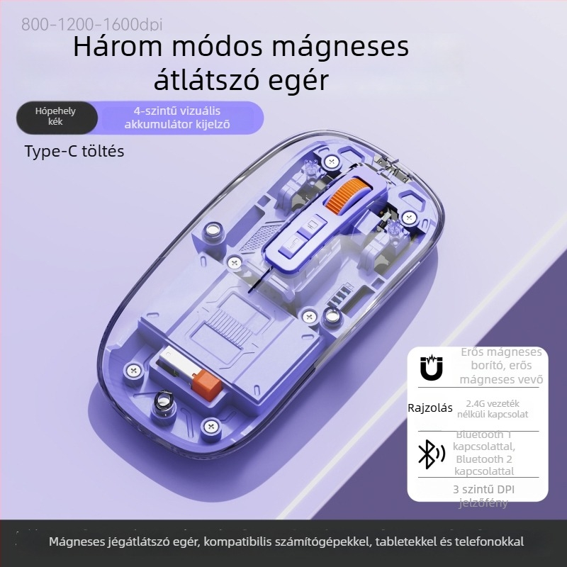 Vezeték nélküli egér, 2.4G + Bluetooth, 1600dpi, 5 gomb, 10m hatótávolság, 76 g, laptop-kompatibilis
