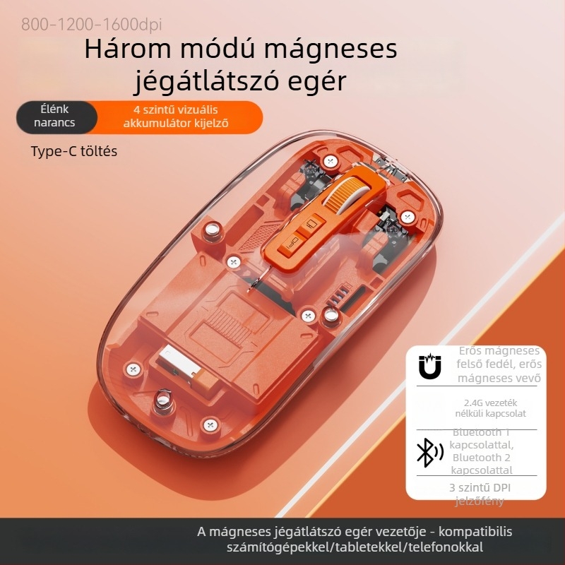 Vezeték nélküli egér, 2.4G + Bluetooth, 1600dpi, 5 gomb, 10m hatótávolság, 76 g, laptop-kompatibilis
