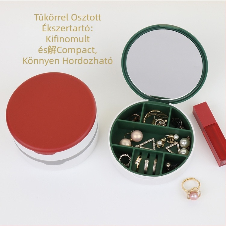 Kör alakú tükrös ékszeres doboz utazáshoz, belső rekeszekkel, hordozható asztali rendező, por- és nedvességálló, antioxidációs védelem, modell CY1009, tömeg 110 g