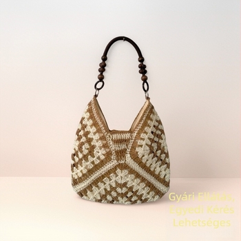 Granny-square szalma tote táska, kötött dizájn, függőleges négyzet alakú, rejtett cipzáras belső zseb, városi egyszerű stílus