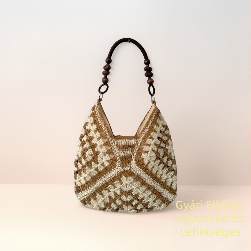 Granny-square szalma tote táska, kötött dizájn, függőleges négyzet alakú, rejtett cipzáras belső zseb, városi egyszerű stílus