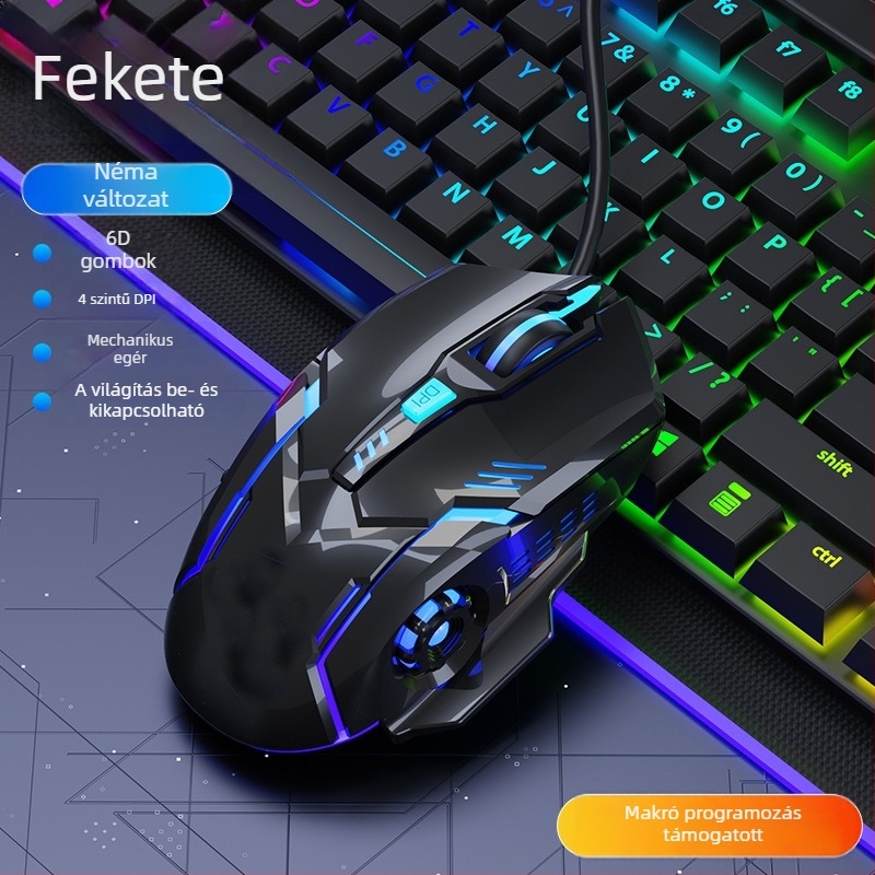 Vezetékes csendes gamer egér, mechanikus, világító, USB