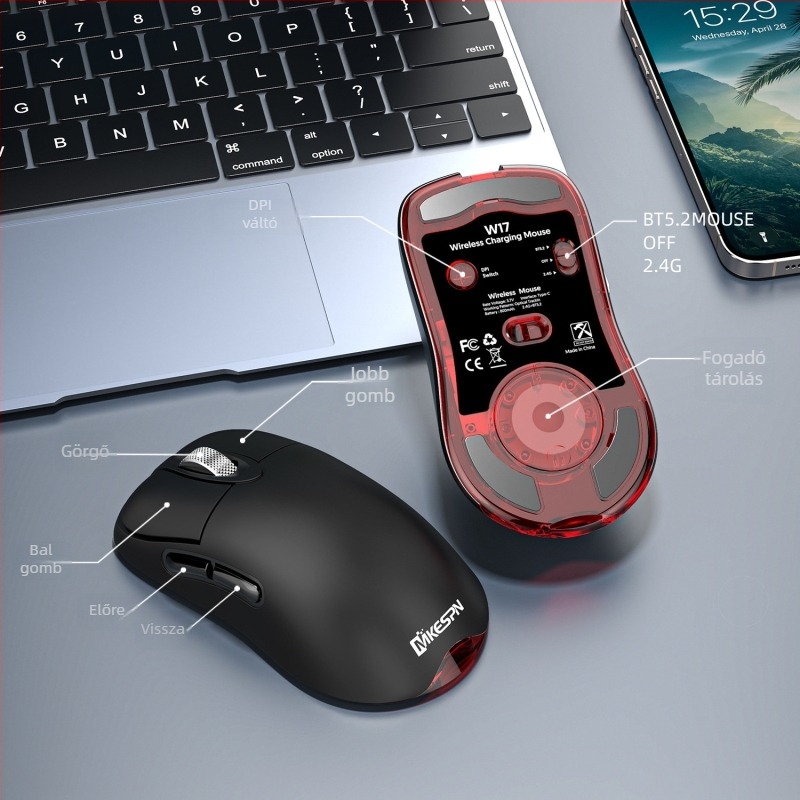 Gamer egér 24000 DPI-vel, három üzemmódban csatlakoztatható (kábeles, 2,4 GHz, Bluetooth), makró-programozható, 6 gomb