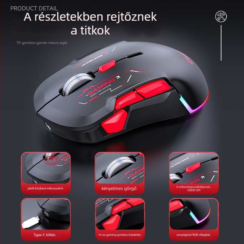 Játék egér 10 makro billentyűvel, három módú csatlakozás (kábeles, 2,4G és Bluetooth), 10000 DPI, modell W12.