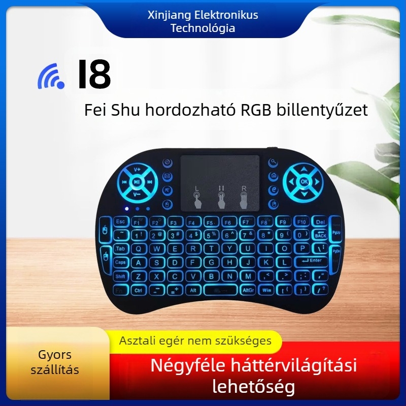 Vezeték nélküli mini háttérvilágítású billentyűzet légi egérrel (i8) – USB interfész, 10 m hatótáv, 2000 dpi